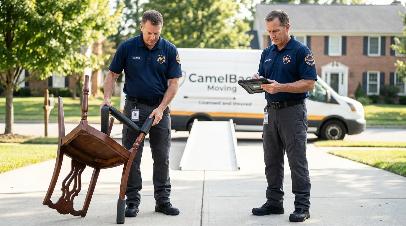 Movers inspecting furniture for damage prevention before loading in Mount Olivet, KY