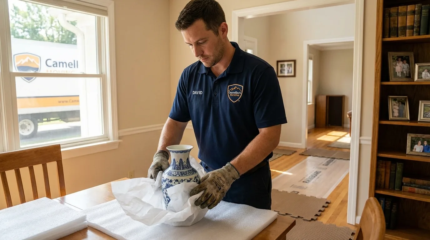 Professional crew carefully wrapping antique vase for senior downsizing move in Mount Olivet, KY
